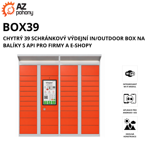 BOX 39 – chytrý 39 schránkový výdejní IN/OUTDOOR box na balíky s API pro firmy a e-shopy